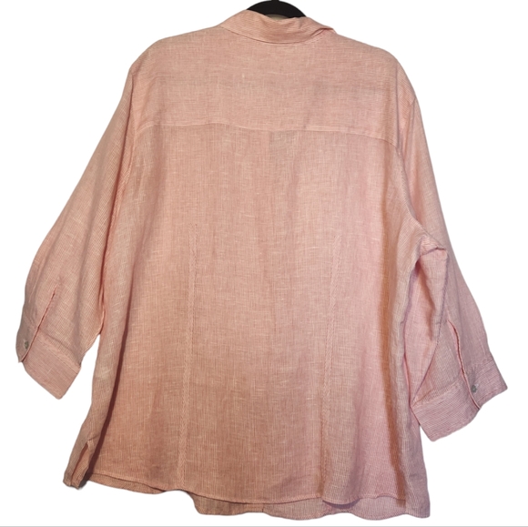 Foxcroft Shaped Fit 100% Linen Coral Cream Pinstripe 3/4 Sleeve Top 20W - Picture 2 of 7